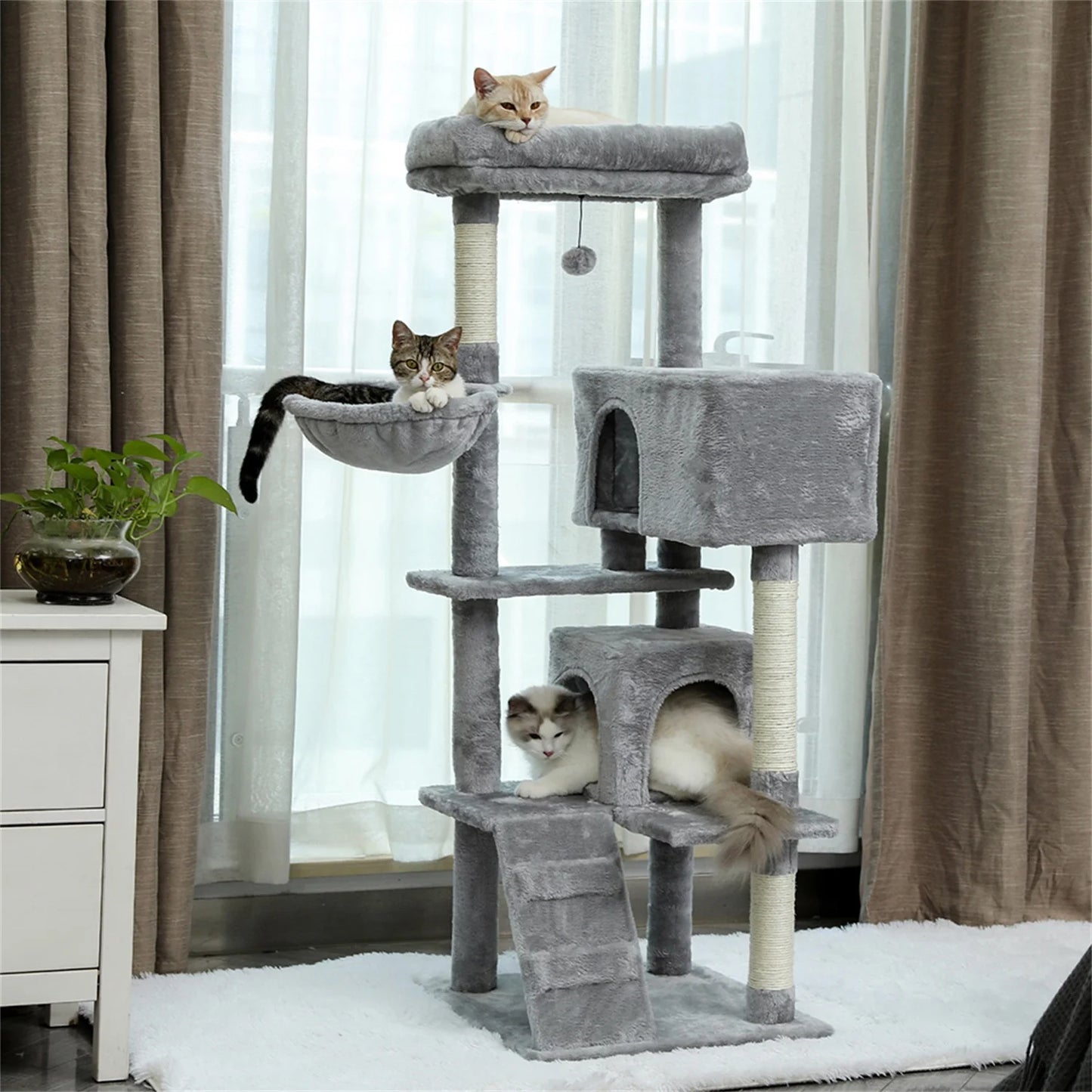 56" Cat Tree for Indoor Cats Cat Condos for Adult Cats with Padded Plush Perch and Cozy Basket Cat Tower for Large Cats , Gray