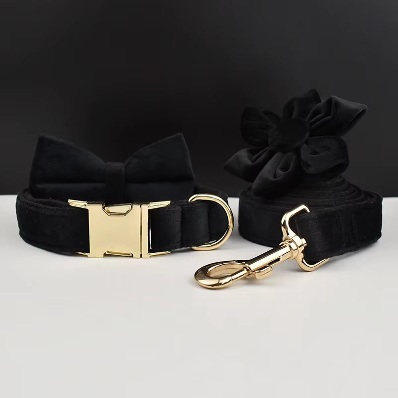Black Velvet Dog Collar and Leash Set for Small Medium Large Dogs Custom Engraved Nameplate Pet Supplies Dog Leash Velvet13