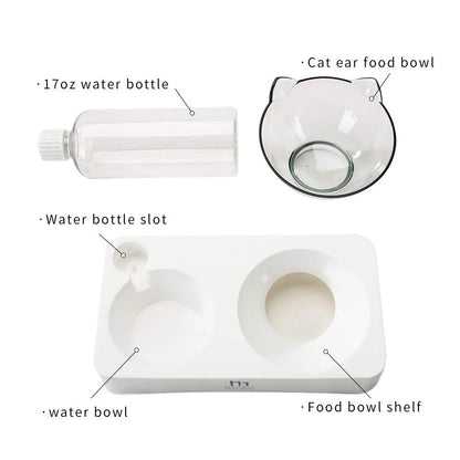 Tilted Raised Cat Food Bowl and Gravity Water Bottle with Feeding Mat
